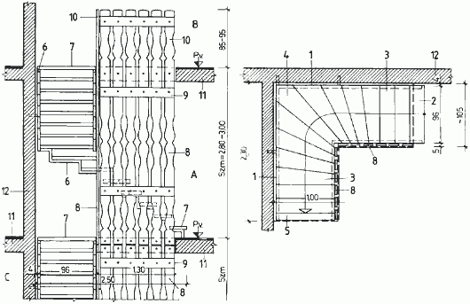 Чертеж лестницы с прямым маршем, поворотом и несущим каркасом Чертеж лестницы с прямым маршем, поворотом и несущим каркасом