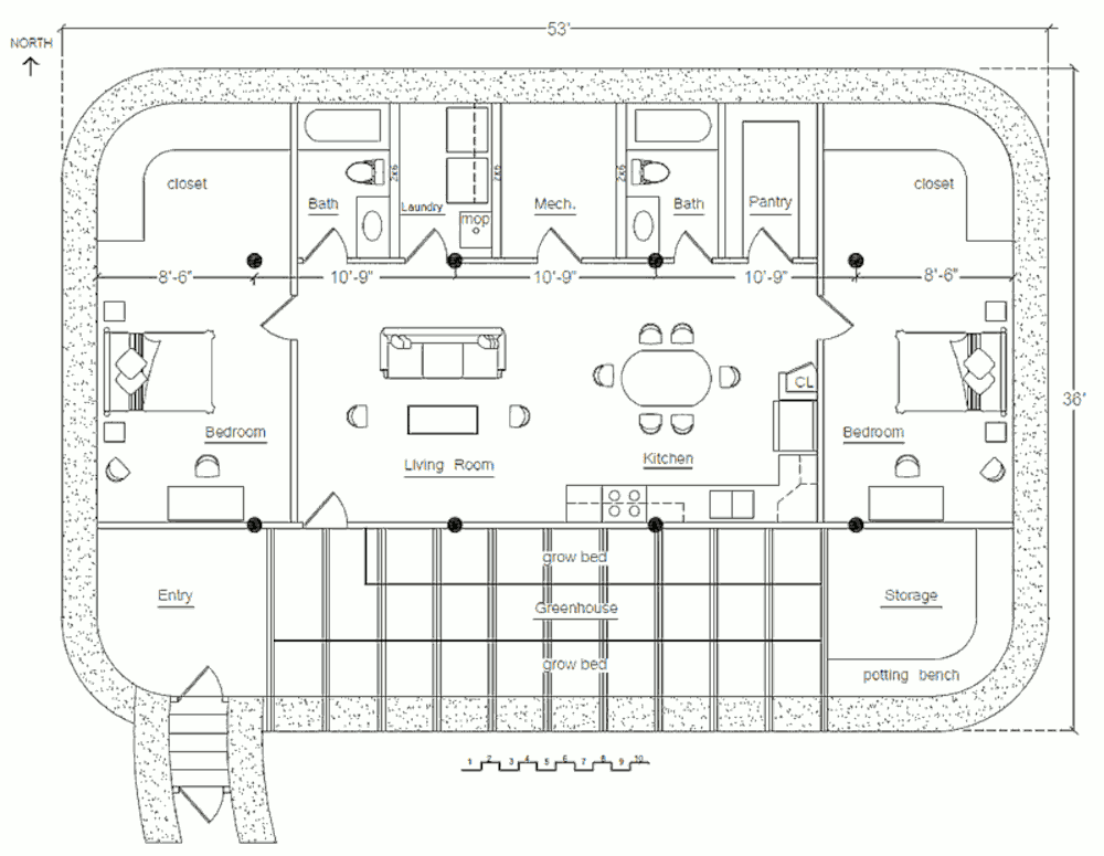 Землебитный солнечный дом Solar Pit House, план