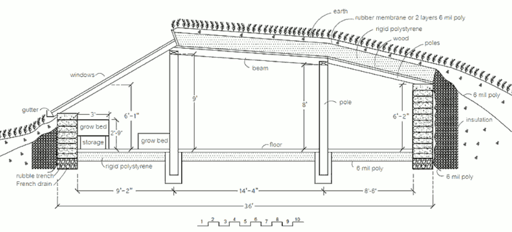 Землебитный солнечный дом Solar Pit House, разре